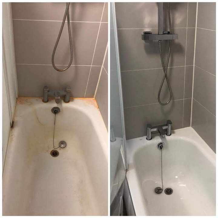 Shower and tub before and after cleaning