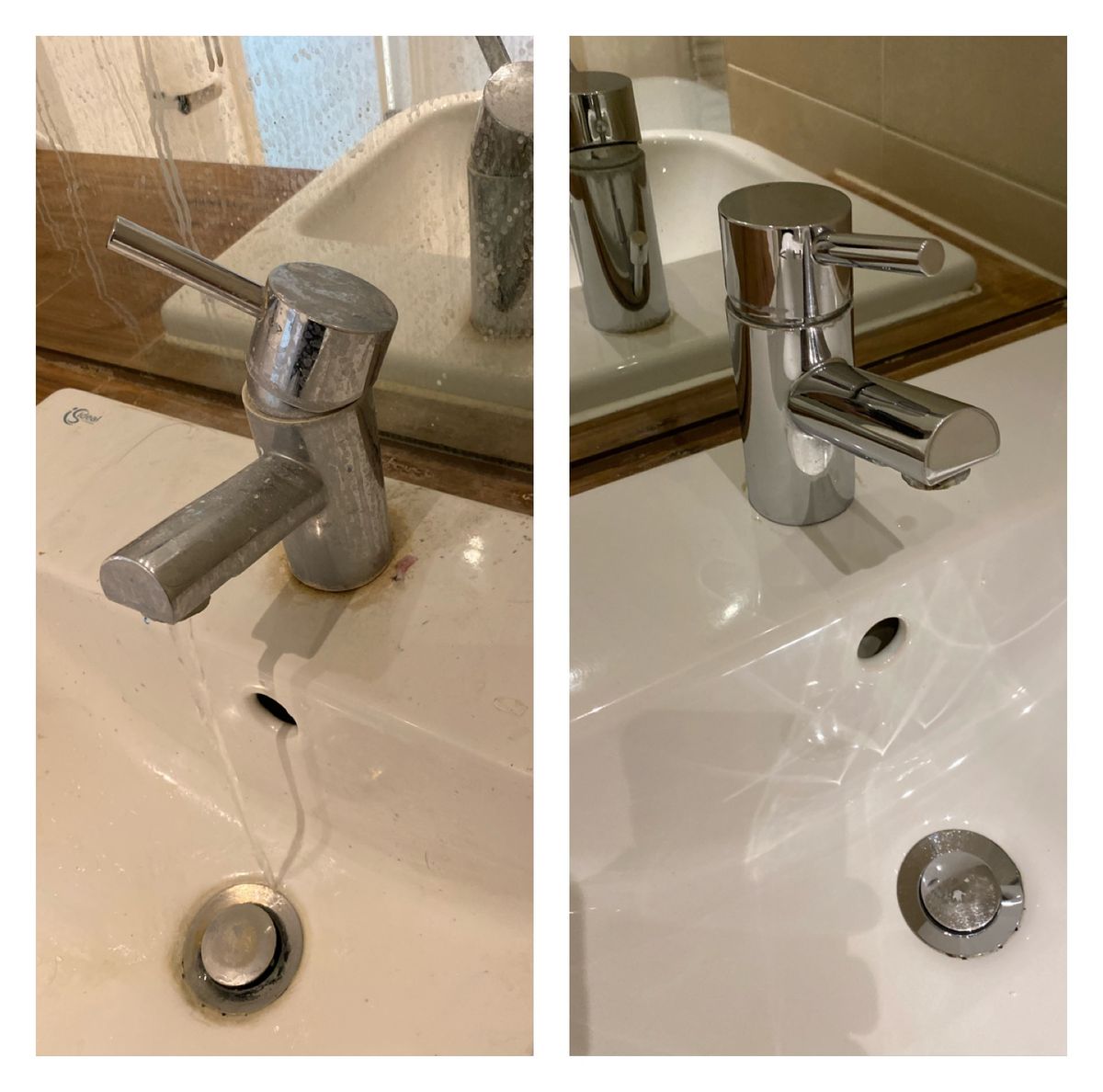 Bathroom sink faucet before and after cleaning